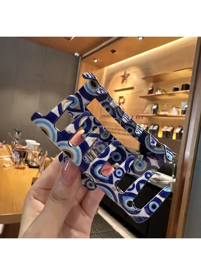 Evil Eye Print PVC Hair Clip Blue White Rectangular Hair Accessory For Women Teens - Image 3